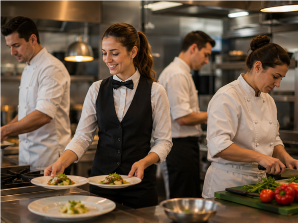 Küchen- und Serviceteam arbeitet gemeinsam für einen reibungslosen Ablauf im Restaurant.