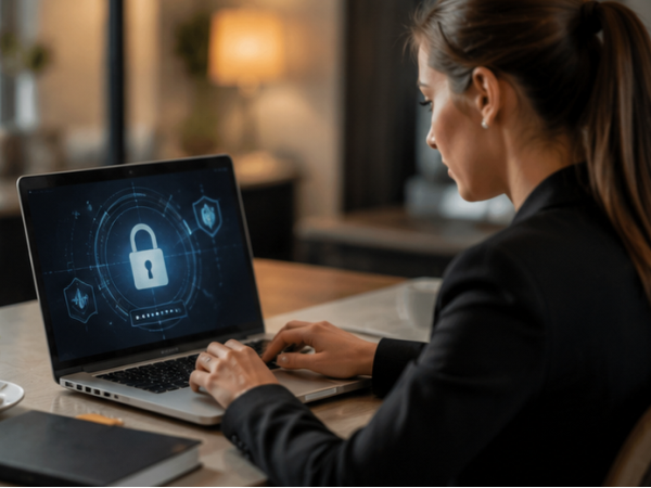 Person arbeitet am Computer und schützt sensible Kundendaten mit Sicherheits- und Datenschutzeinstellungen.