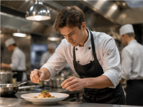 Chef de Cuisine überwacht die Zubereitung von Speisen und koordiniert das Küchenteam in einer professionellen Restaurantküche.
