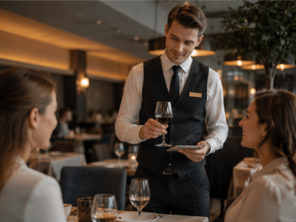 Chef de Rang serviert Speisen im Restaurant und betreut Gäste an einem gedeckten Tisch.