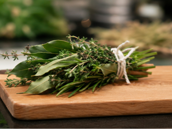 Gebündelte frische Kräuter wie Petersilie, Thymian und Lorbeerblatt als Bouquet garni für Suppen und Saucen.