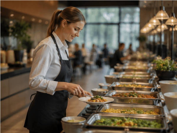 Reichhaltiges Buffet mit warmen und kalten Speisen, an dem Gäste ihre Gerichte selbst auswählen.