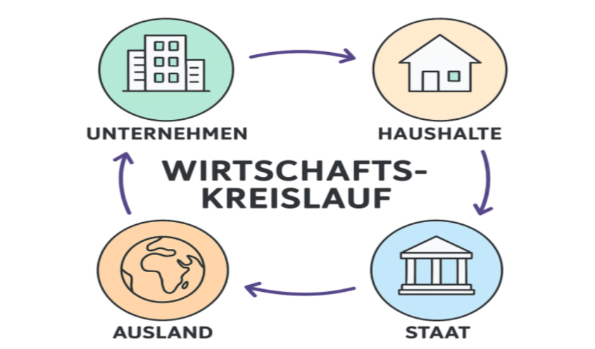 Schaubild zum Wirtschaftskreislauf mit Haushalten, Unternehmen und Geld- sowie Güterströmen